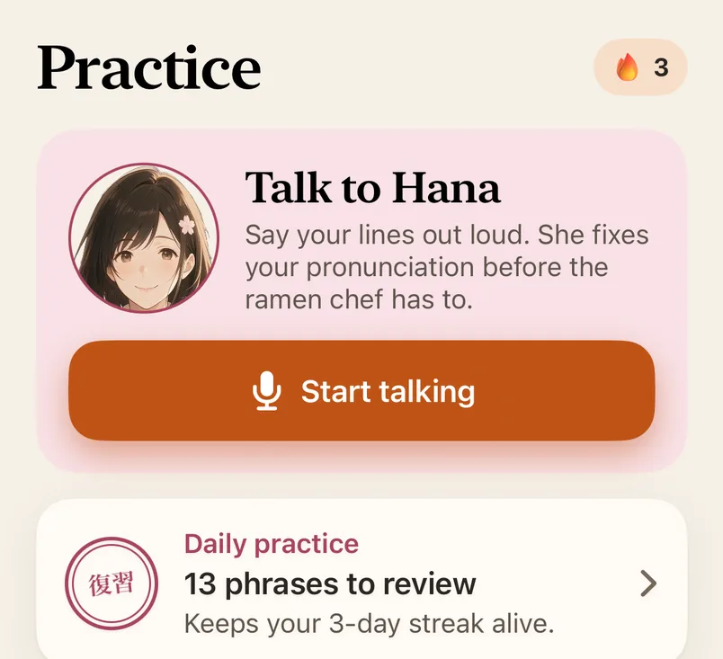 Practice screen: the Talk to Hana card with a Start talking button, and daily practice with 13 phrases to review.